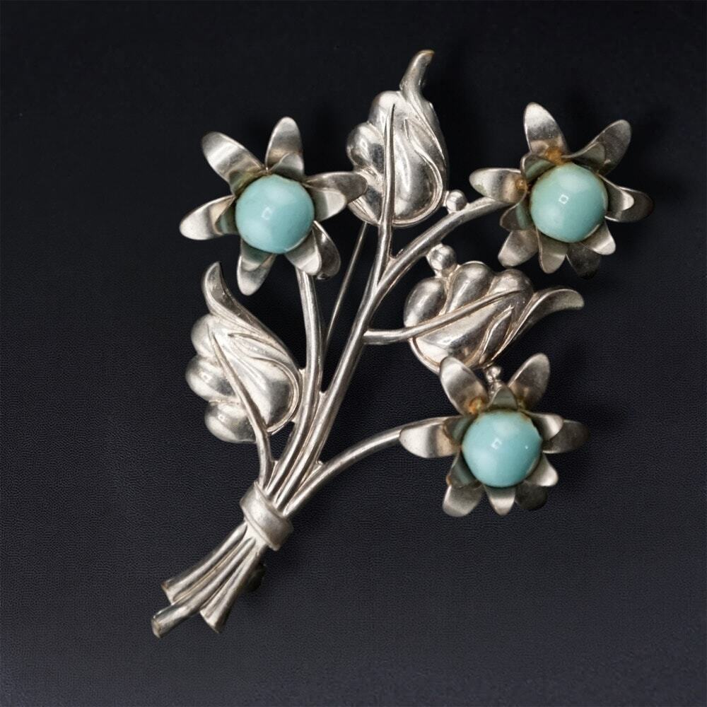 Vintage Floral Bouquet 3.5 in Brooch Blue Bead Silver‎ Tone Statement Pin Retro